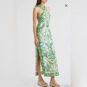 FARM Rio Tropical Tapestry Halter Linen Maxi Sundress
